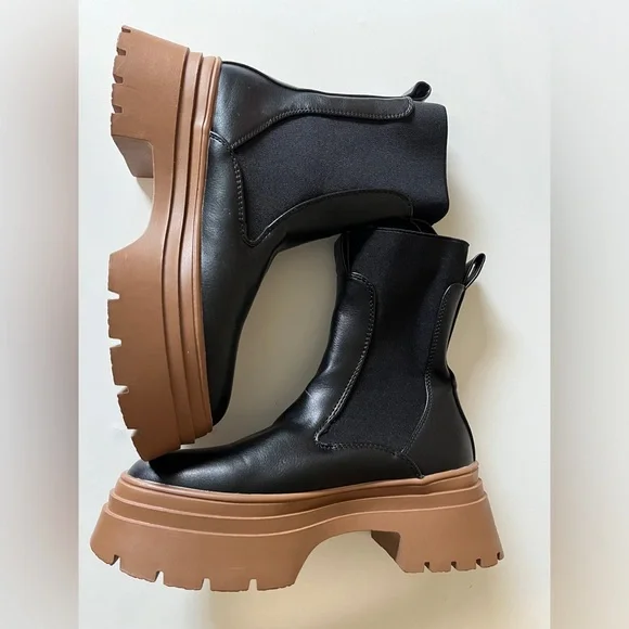 Primark Women’s Black/Brown Sz 5 Chunky Chelsea Boots Pull On - Picture 5 of 12